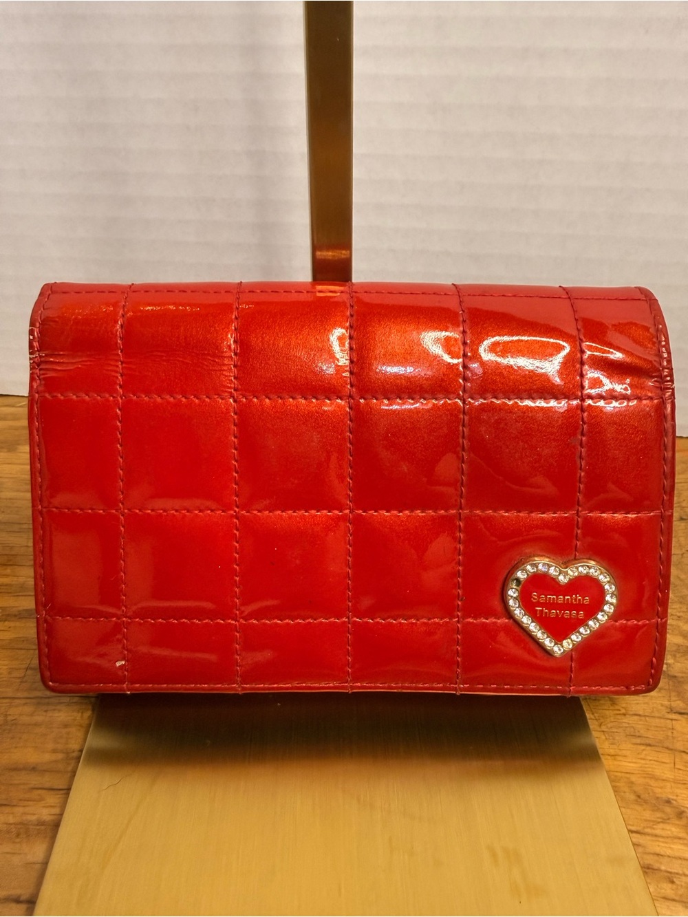 Samantha Thavasa Red Patent Quilted Heart Logo Wallet Rhinestone Accent